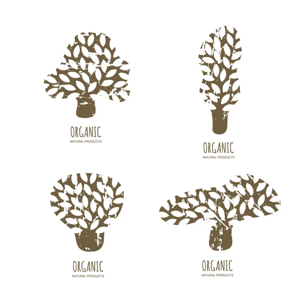 Vector hand drawn tree logo or emblem design elements. Set of abstract tree icons with grunge removable texture. Concept for natural organic products, ecology, environmental. — Stockvektor
