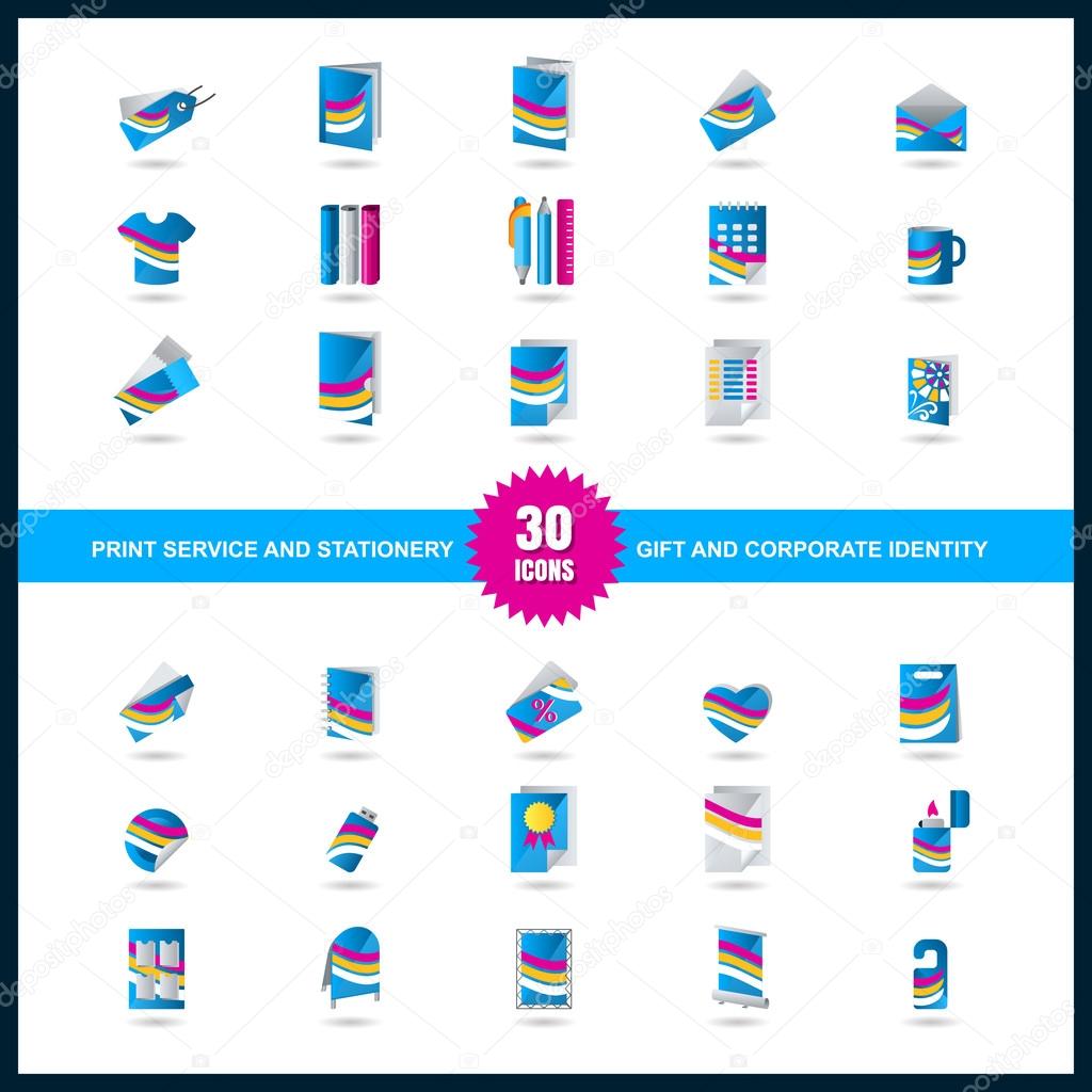 Print service icon set. Stationery, Gift and Corporate identity