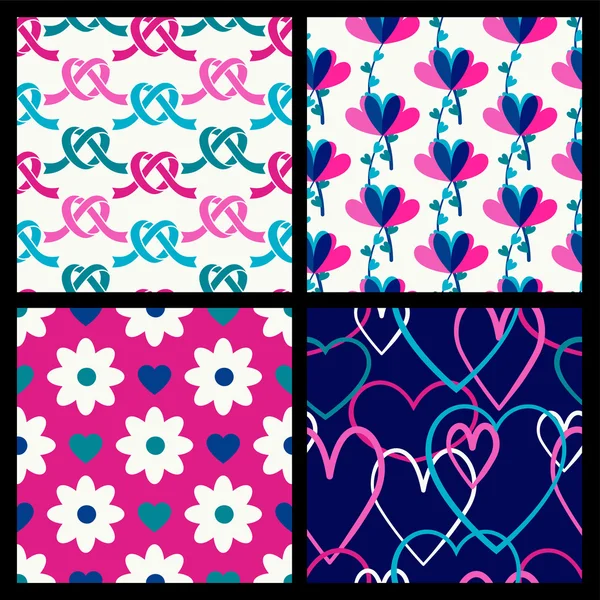 Vector seamless pattern set, flowers and hearts — Stock Vector