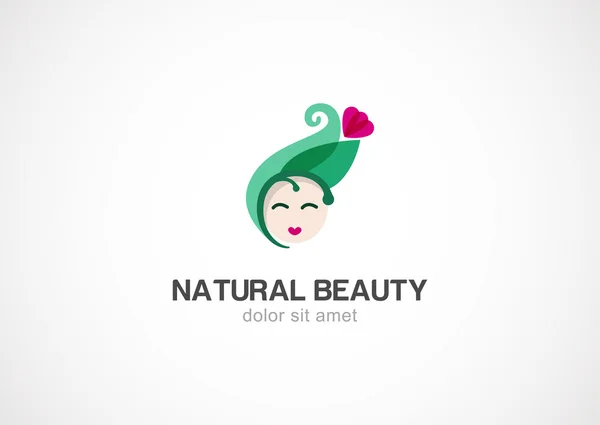 Silueta de mujer con hojas verdes y flores, vector logo desig — Vector de stock