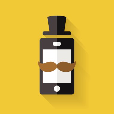 hipster cep telefonu simgesini bıyık ve şapkalı, vektör düz arpacık