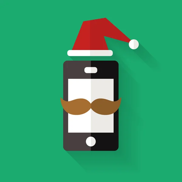 Hipster mobiltelefon ikon med mustasch och jul hatt, vecto — Stock vektor