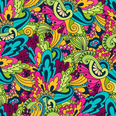 doodle çizilmiş dalgaları çiçek desenli, soyut yeşil yaprakları bir