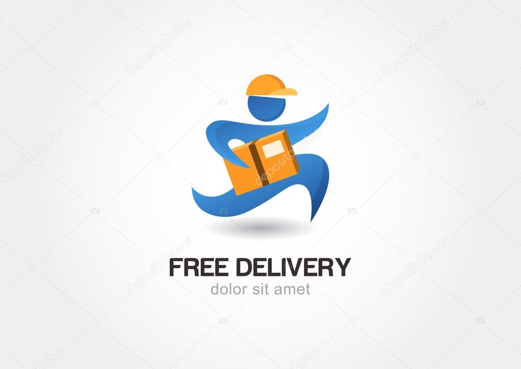 Running man with postal box. Courier with parcel. Delivery themes vector logo design template.