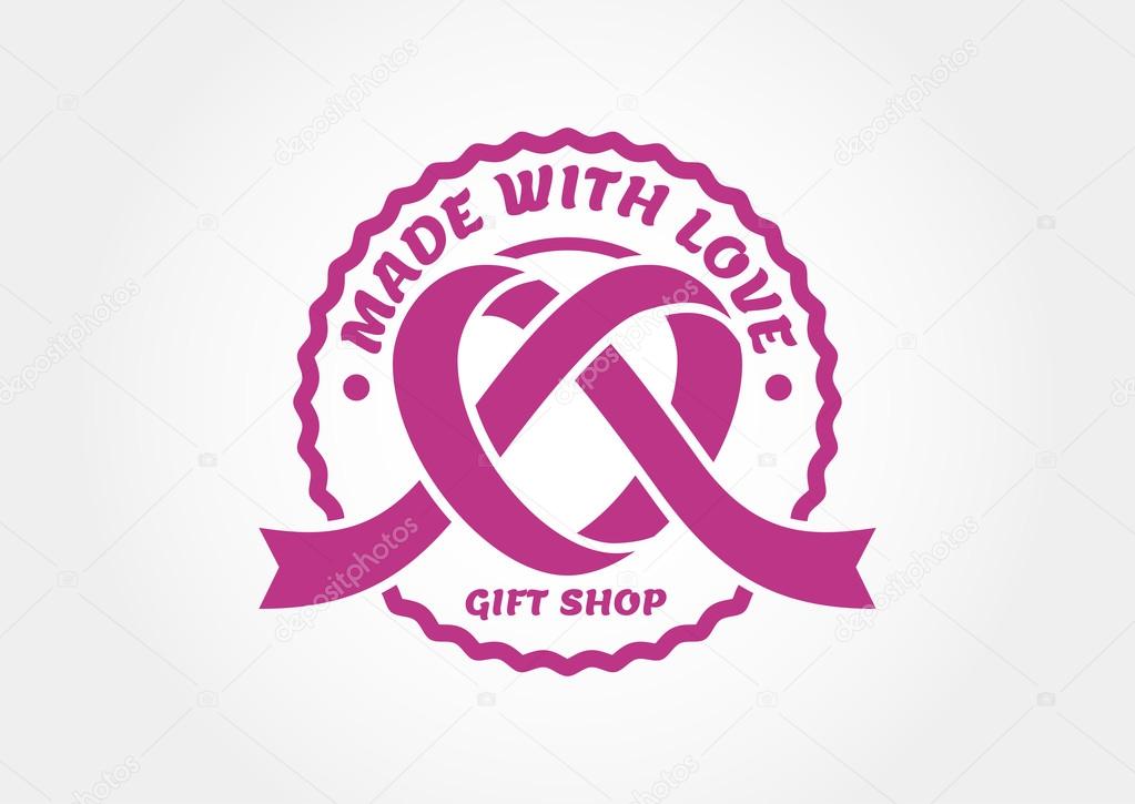 Vintage style ribbon heart label. Vector logo template. Abstract design concept for gift shop, wedding agency, Valentine's greeting card.