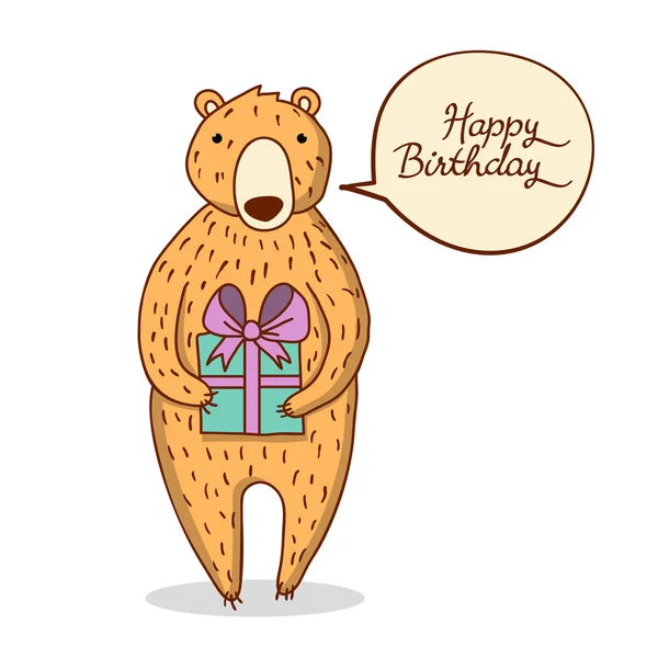 Cute cartoon bear with blue gift box. Vector illustration — Stock Vector