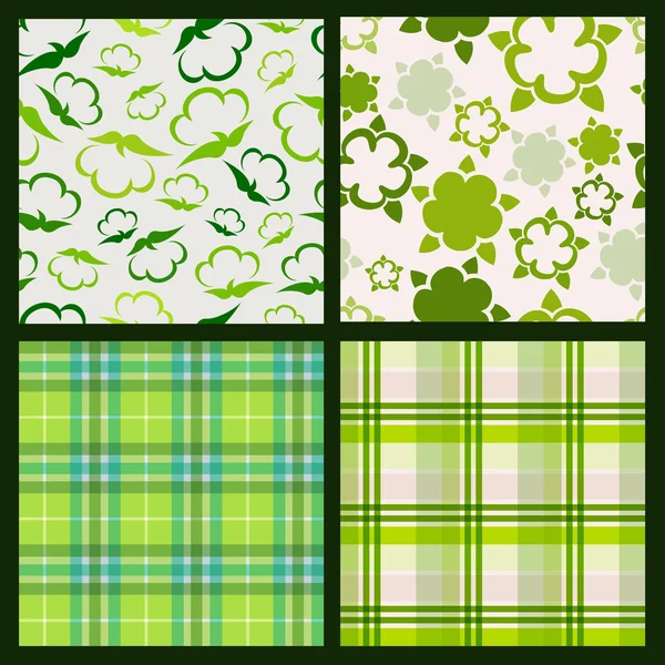 Cotton plant floral and green plaid background. Vector seamless — Stock Vector