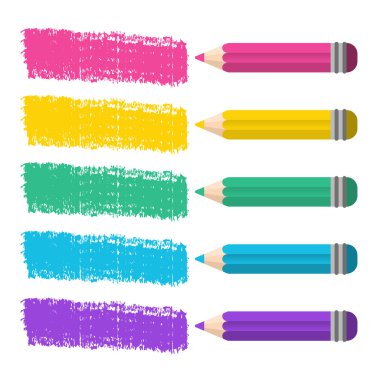 Yer ile rainbow çizgili beyaz arka plan üzerinde renkli kalemler 