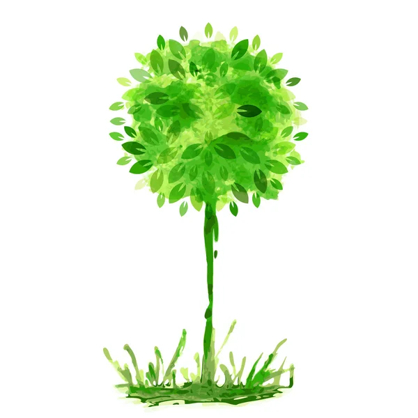 Acuarela, árbol verde en la hierba. Ba de ilustración vectorial — Vector de stock