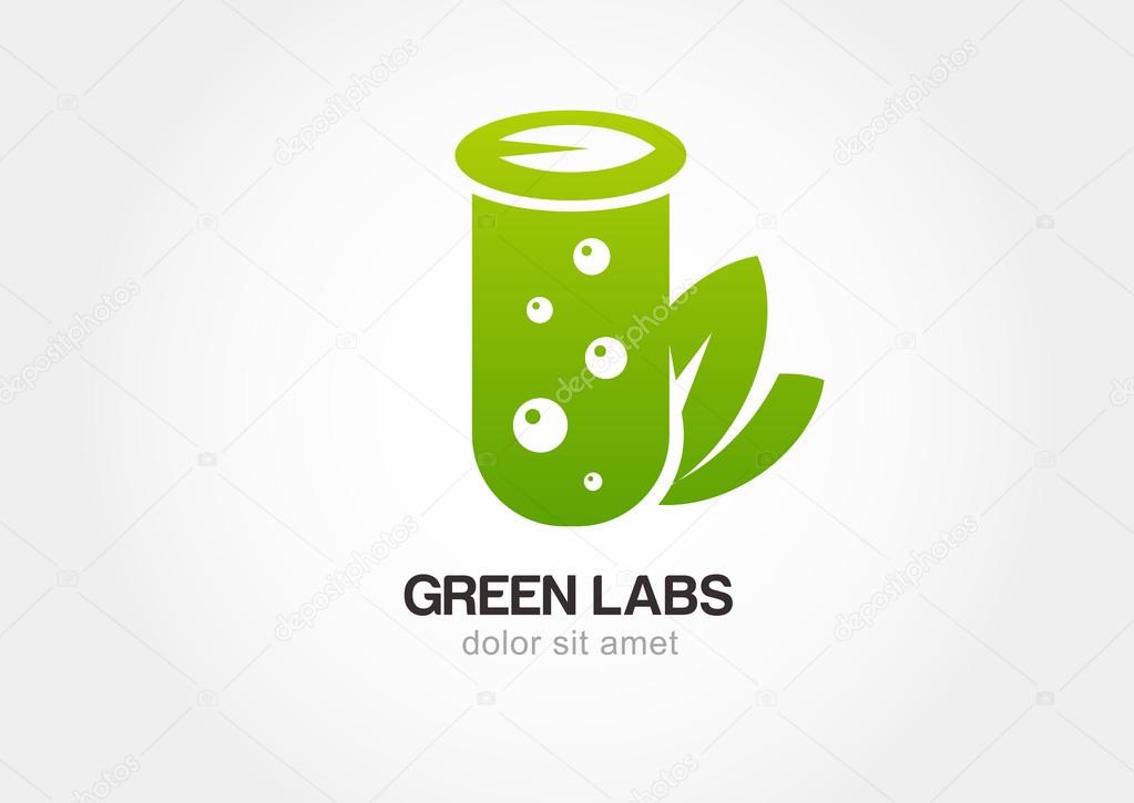 Green flask with leaves, lab icon. Vector logo design template.