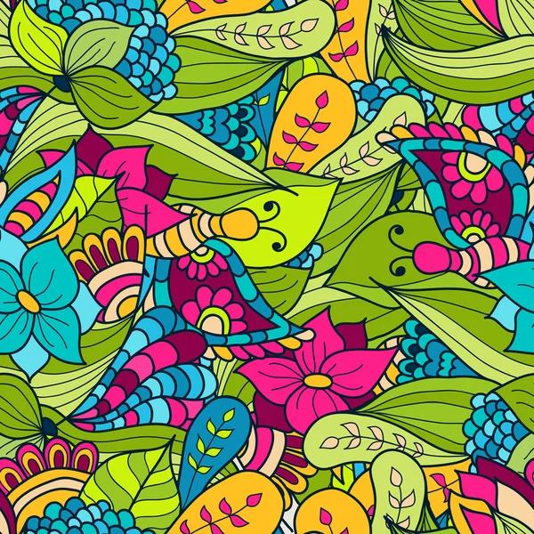 Ručně tažené doodle vlny květinovým vzorem, abstraktní zelených listů — Stockový vektor