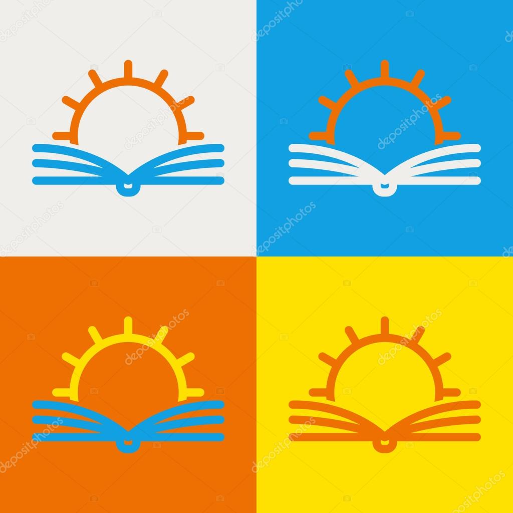 Vector logo design template. Abstract line sun and open book. Education, library, school, university, knowledge icon concept.