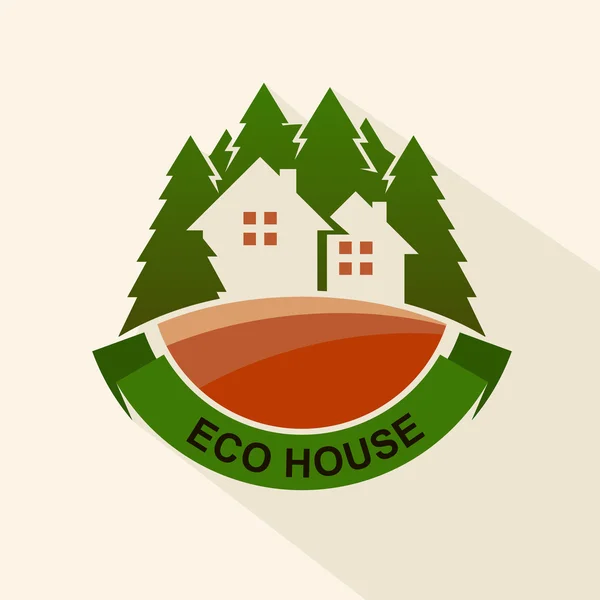 Flat style eco house badge with trees. Vector logo template. Des — Stock Vector