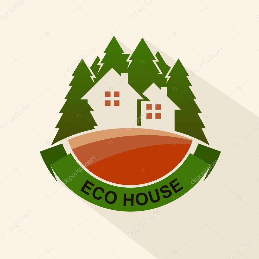 Flat style eco house badge with trees. Vector logo template. Des