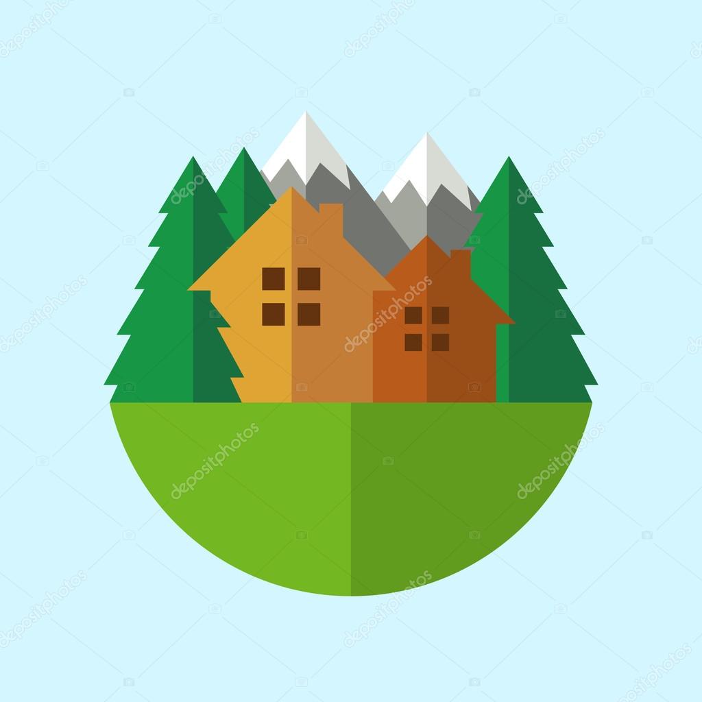 Flat style eco house badge with mountains and trees. Vector logo template. Design concept for real estate agencies, hotels, cottages rent.
