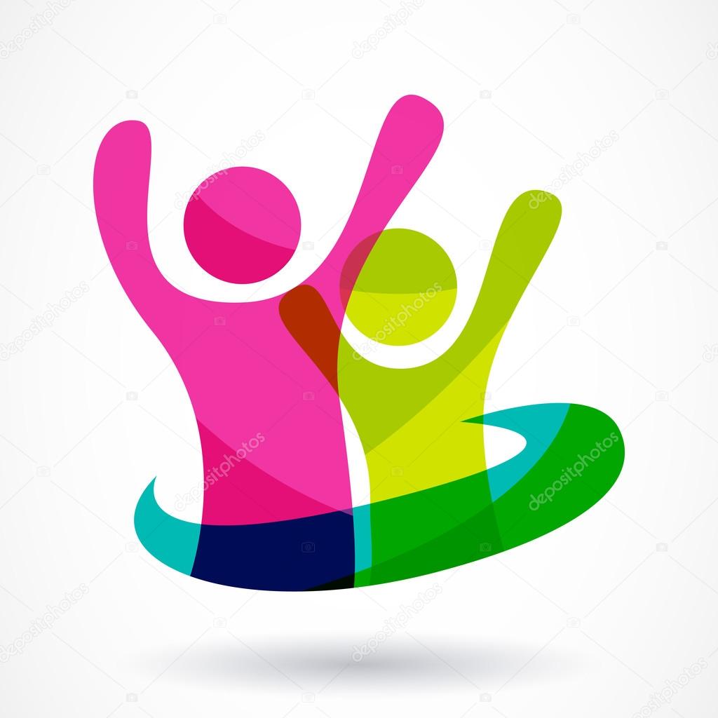 Vector logo design template. Colorful abstract happy people illustration. Concept for social network, team work, partnership, friends, business cooperation, playing kids, celebration party.