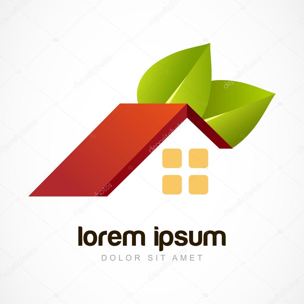 Vector logo design template. Red house roof with green leaves. D