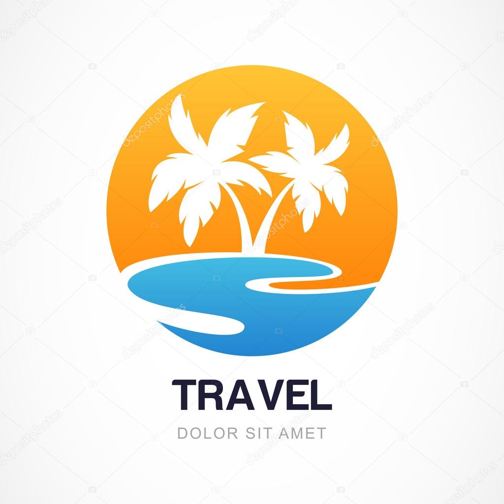 Vector logo design template. Green palm on seaside. Concept for