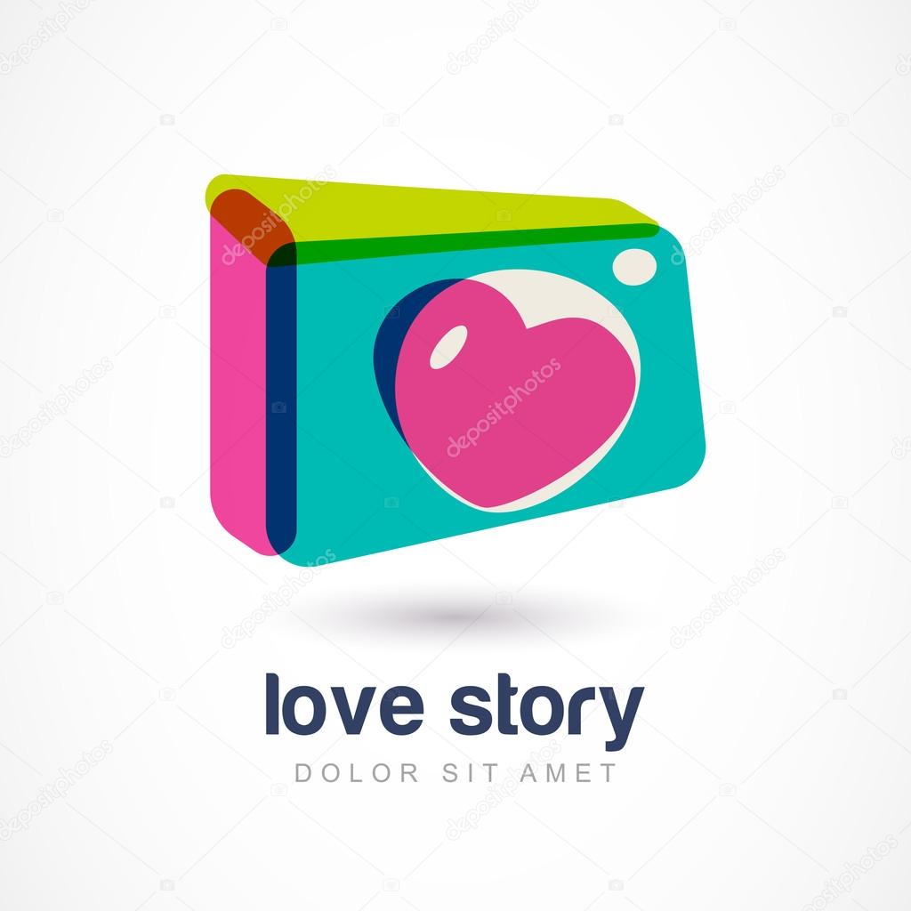 Abstract colorful photo camera with heart lens. Vector logo icon template. Design concept for wedding photographer. Love story photo symbol.