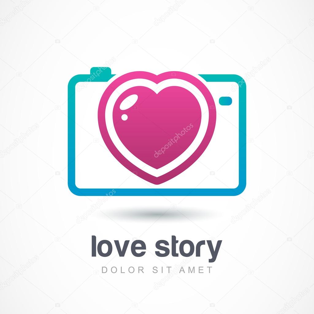 Abstract colorful photo camera with heart lens. Vector logo icon template. Design concept for wedding photographer. Love story photo symbol.