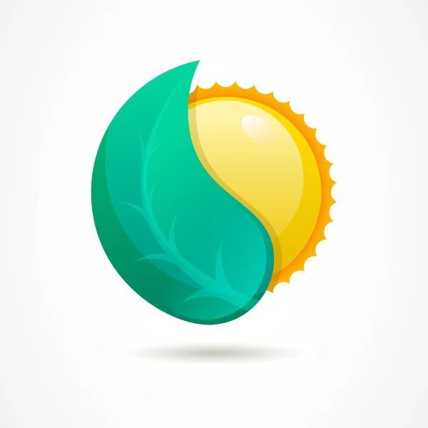Векторный логотип дизайн шаблона. Глянцевый солнце с зелеными листьями. Дизайн — стоковый вектор