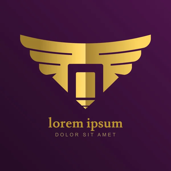 Plantilla de diseño de logotipo vectorial. Lápiz de oro con las alas. Concepto f — Vector de stock