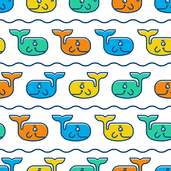 Modèle sans couture avec baleines souriants colorés. Vector illustrati — Image vectorielle