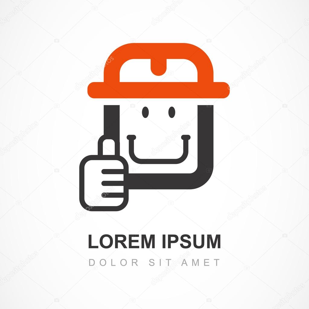 Smiling man in orange helmet. Building, repair and service vector logo design template.