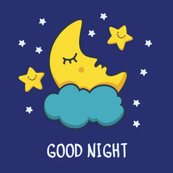 Dibujo divertido dormir Luna y sonriendo estrellas. Dibujos animados de vector — Vector de stock