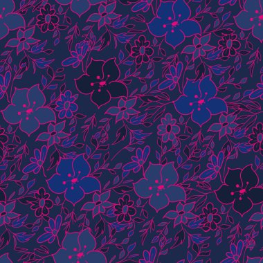 Vector seamless hand-drawn pattern with flowers and leaves. Blue