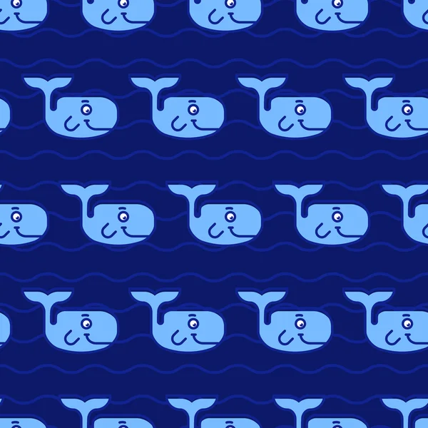 Seamless pattern with blue smiling whales. Vector illustration b — Image vectorielle