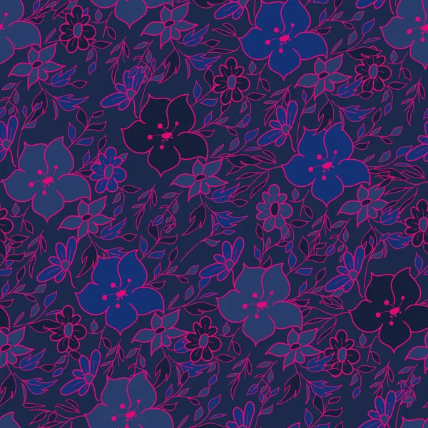 Vector seamless hand-drawn pattern with flowers and leaves. Blue