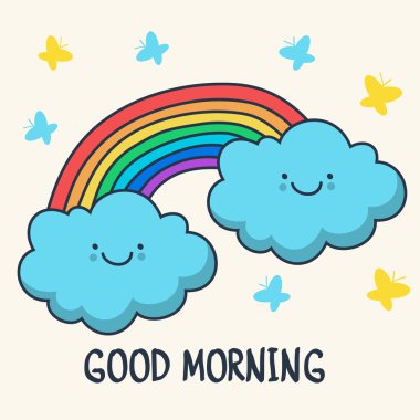 Komik gülümseyen bulutlar ve gökkuşağı çizimi. Vektör karikatür illus