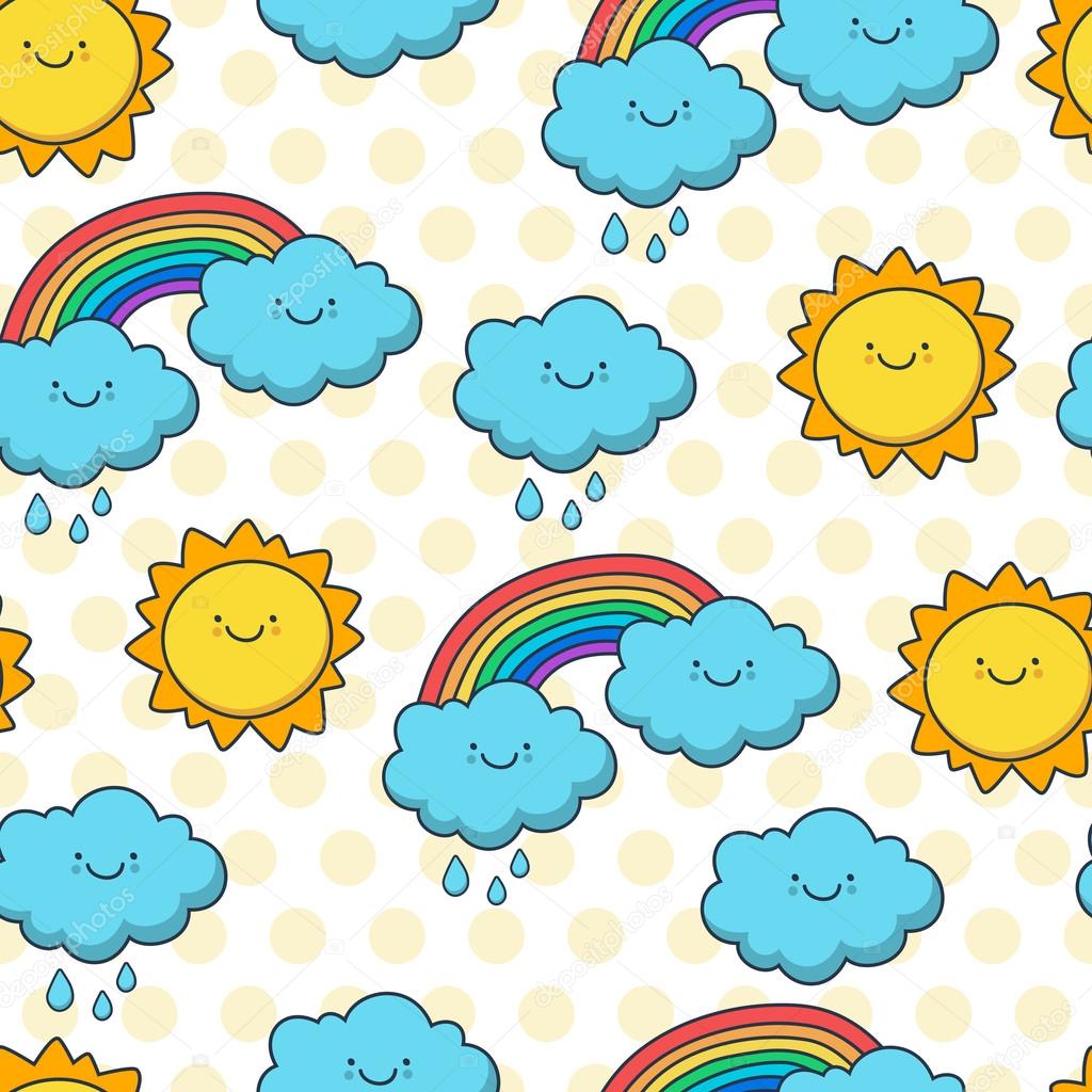 Funny sketching sun, cloud and rainbow. Vector seamless cartoon