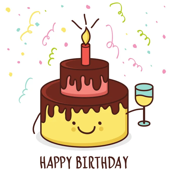 Söta tecknade leende tårta med glas champagne. Vector illust — Stock vektor