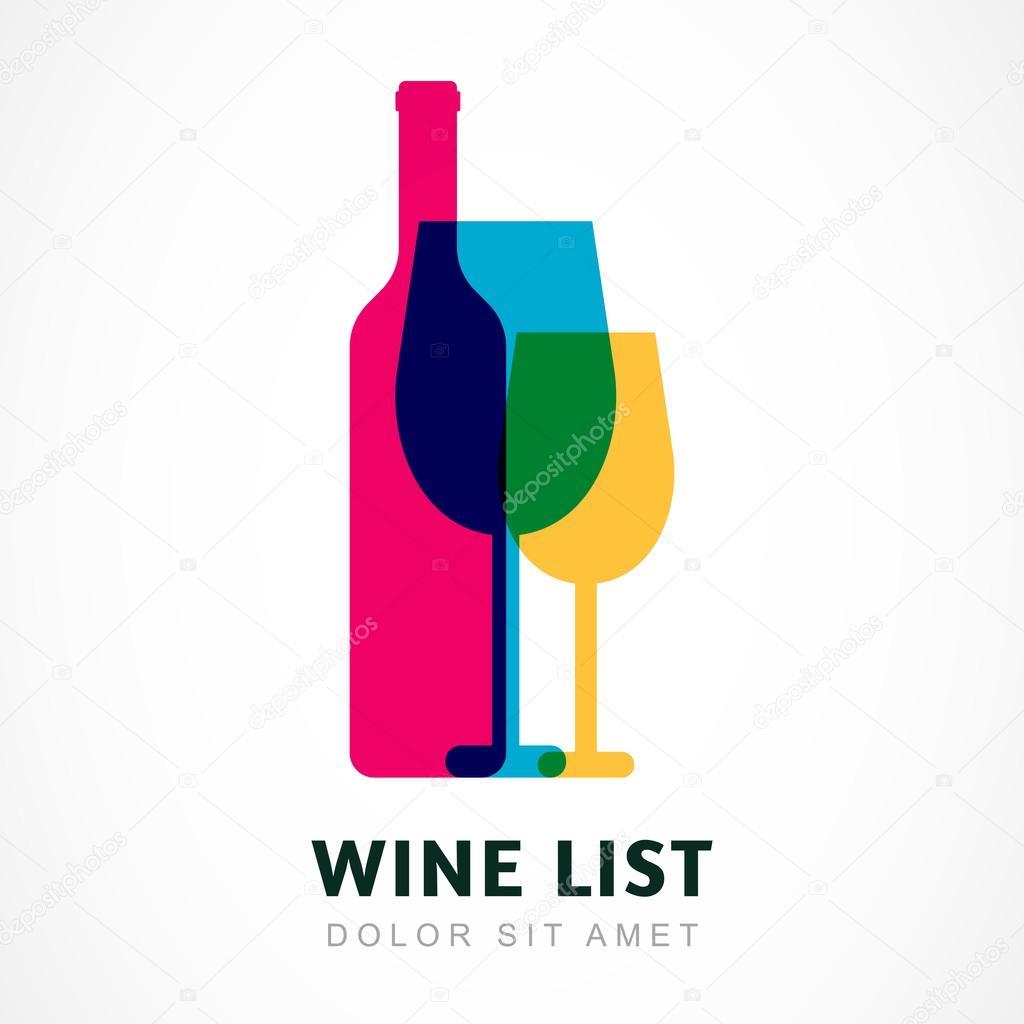 Abstract colorful logo design template. Wine bottle and glass vector icon. Concept for bar menu, party, alcohol drinks, celebration holidays.