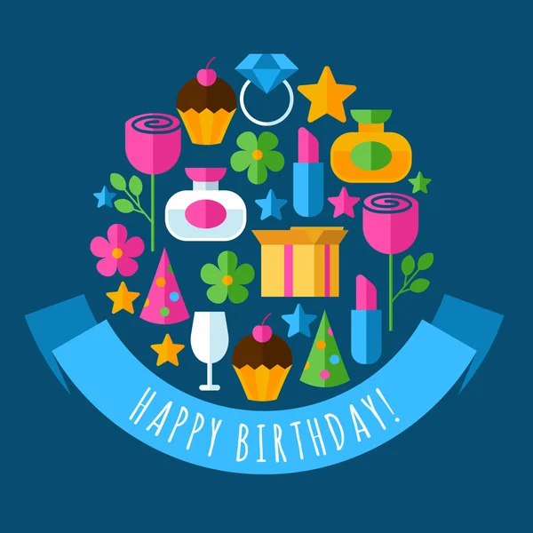 Happy Birthday greeting card. Set of flat design concept icons f – Stock-vektor