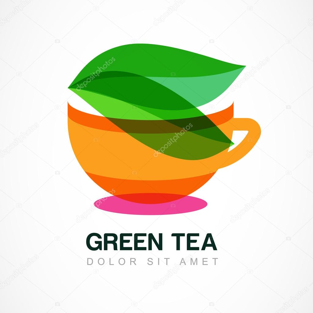 Abstract logo design template. Green tea symbol, natural herbal drink. Vector icon. Concept for bar menu, tea shop, cafe, organic product.