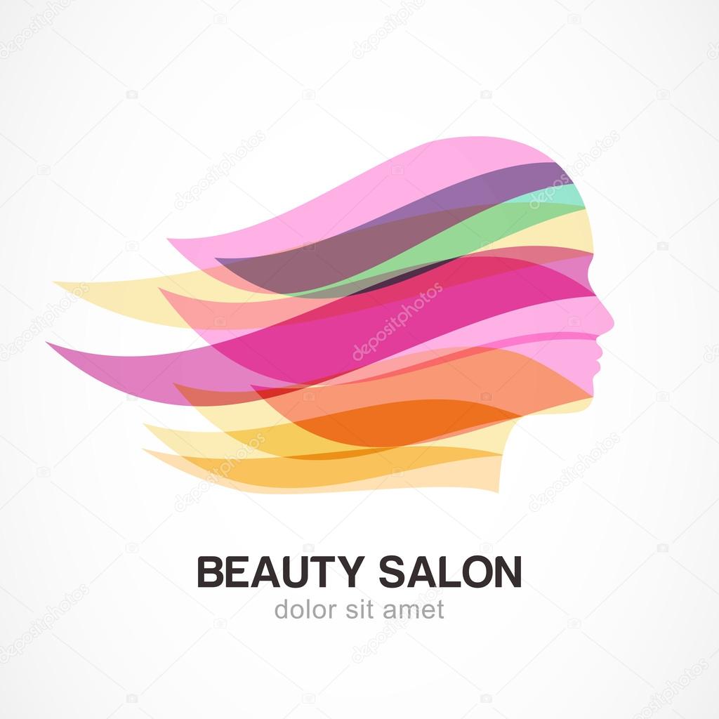 Beautiful girl silhouette with colorful streaming hair. Abstract design concept for beauty salon, massage, cosmetic and spa. Vector logo design template.