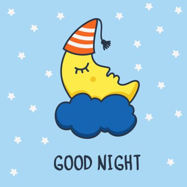 Komik uyku ay ve yıldız çizim. Vektör çizgi film illustra