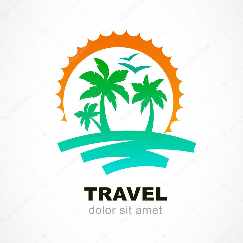 Vector logo design template. Abstract sun and palm tree on seasi