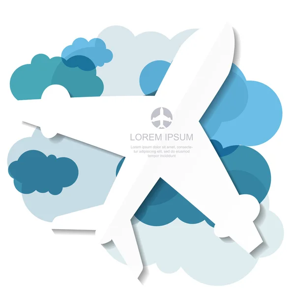 Uçuş uçak siluet ve mavi bulutlar arka plan. Vektör Il — Stok Vektör