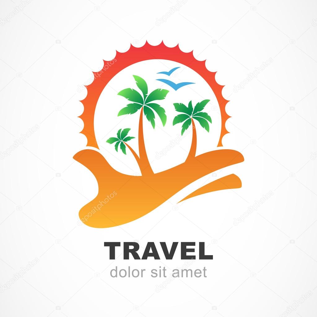 Green palm tree and sun on hand. Vector logo design template.