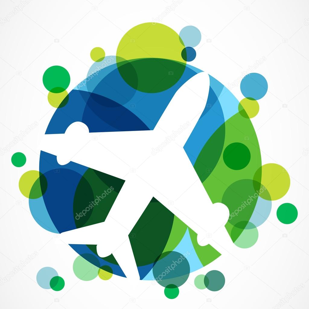 Flight airplane silhouette and colorful circle planet background