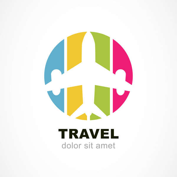 Flight airplane silhouette and colorful stripe background. Trave