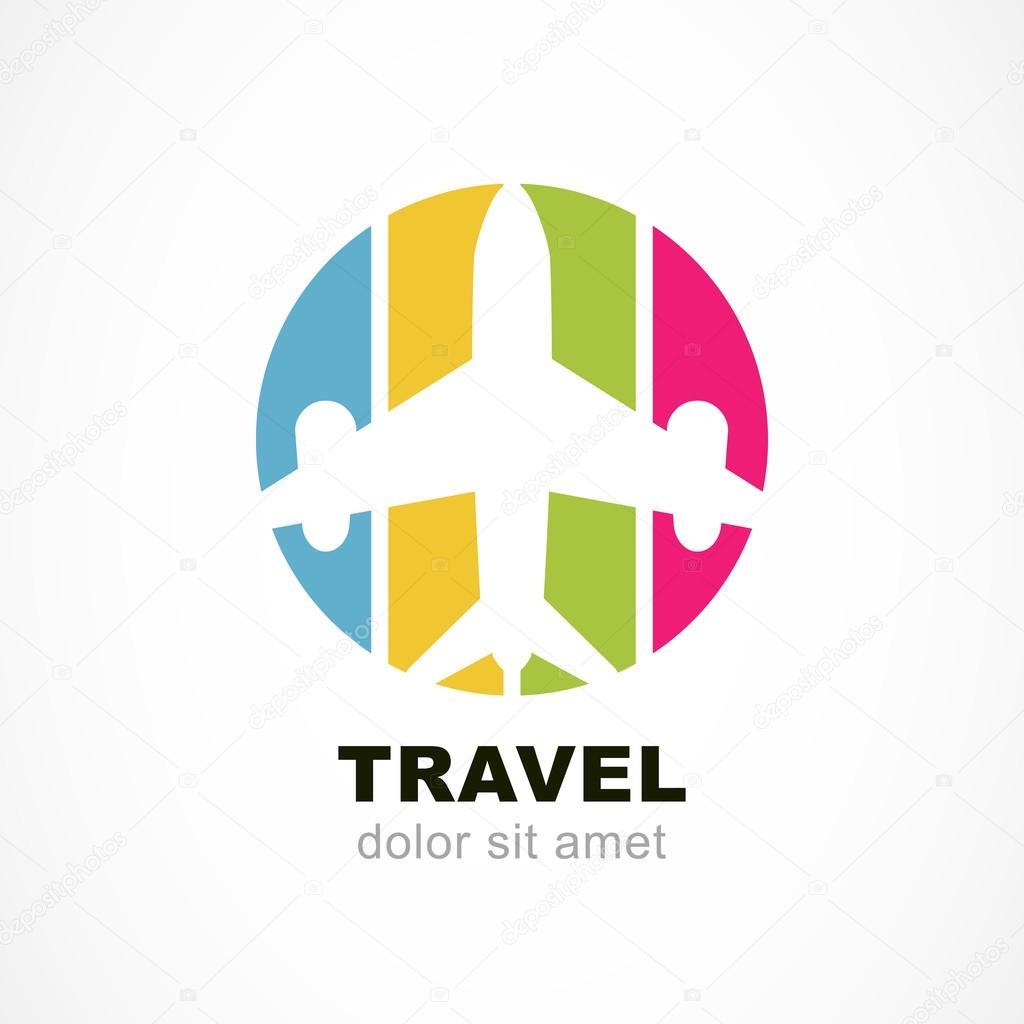 Flight airplane silhouette and colorful stripe background. Trave