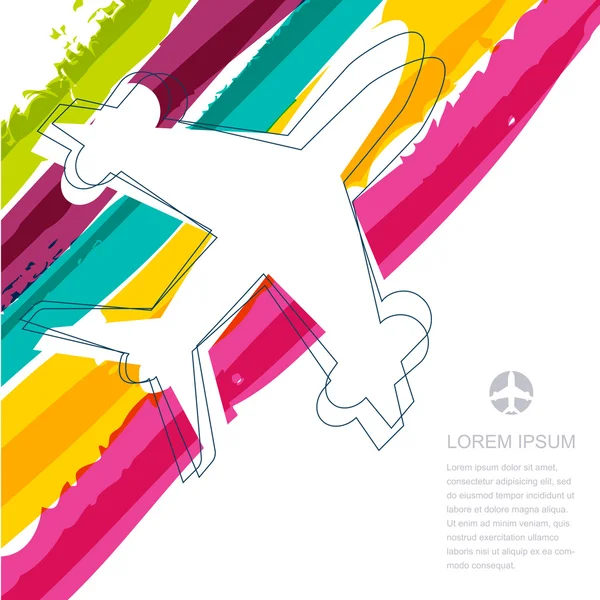 Flyg flygplan silhuett och rainbow ränder akvarell bakgrunds — Stock vektor