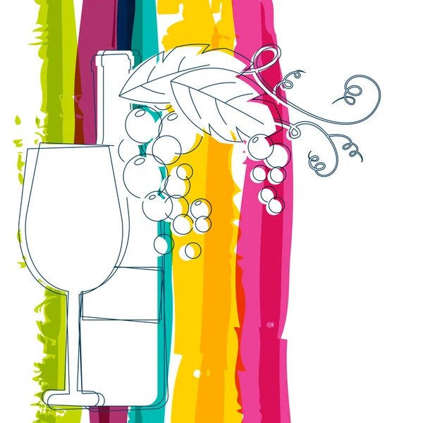 Wine bottle, glass, branch of grape with leaves and rainbow stri — Stock Vector