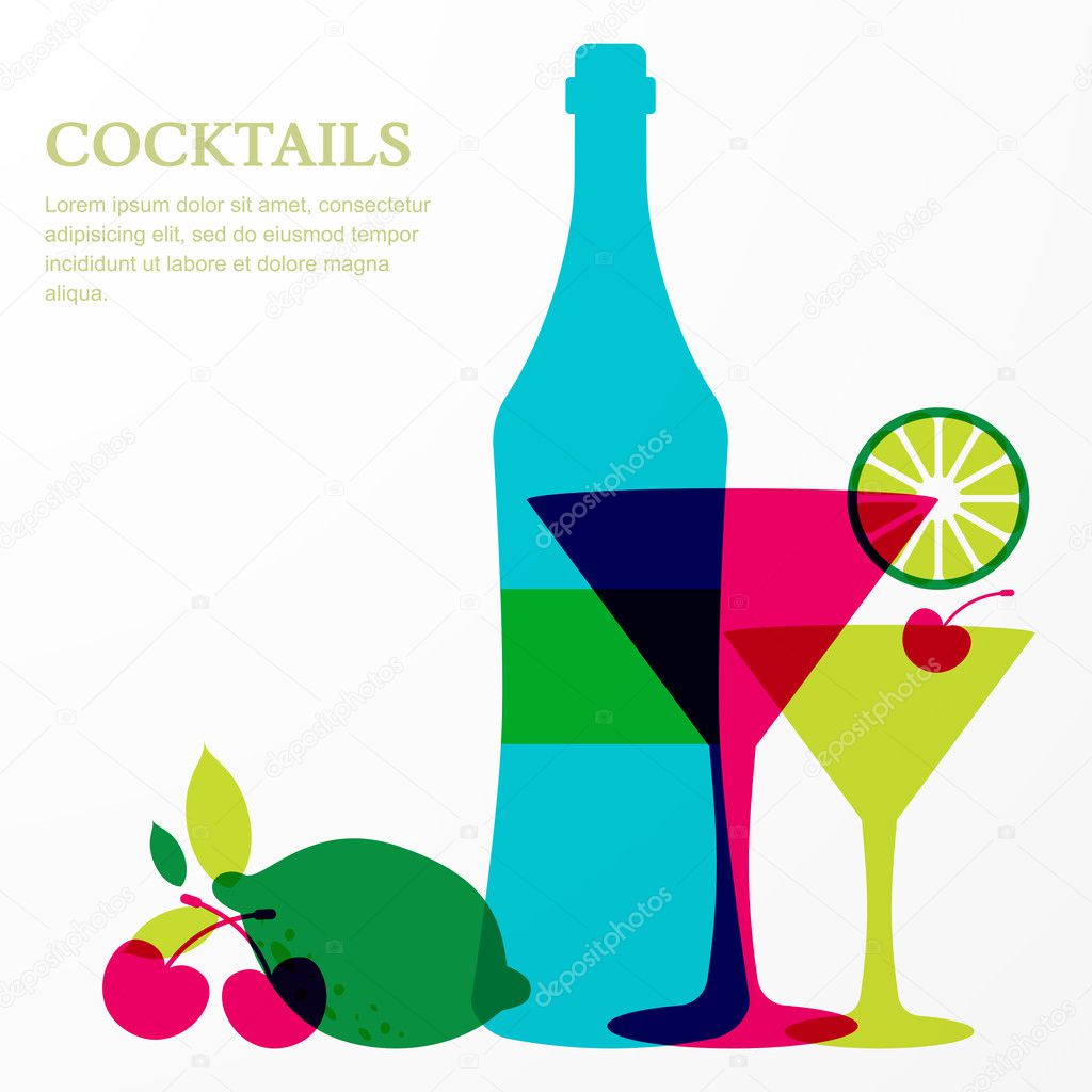 Bottle and martini glass with lime, cherry fruits. Abstract vector background design template with place for text. Concept for bar menu, party, alcohol drinks, celebration holidays.