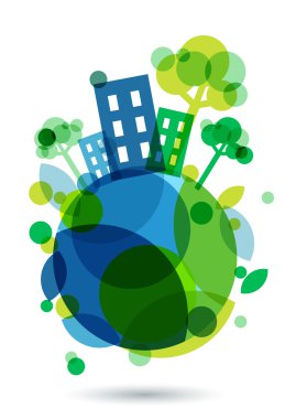 Dünya'daki renkli ev siluet ve yeşil ağaçları. Soyut